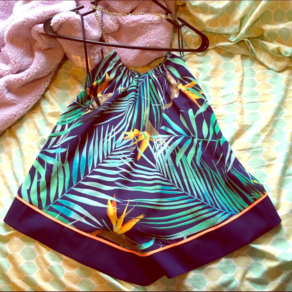 Express Leaf Print Halter Top - Green and Orange